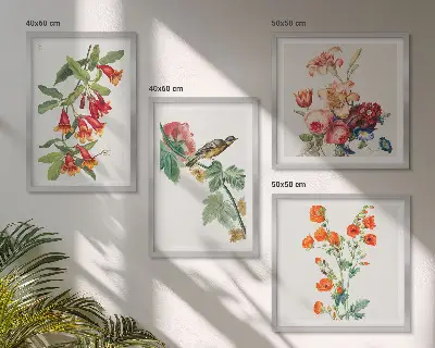 Maľované kvety retro vták zarámovaný set obrazov