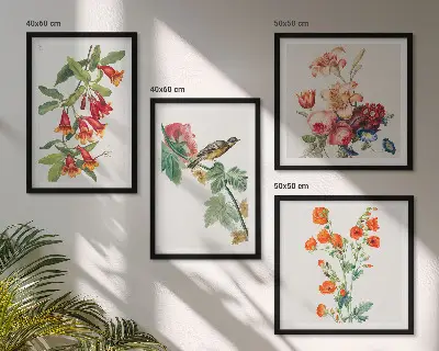 Maľované kvety retro vták zarámovaný set obrazov