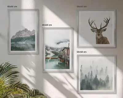 Dekoratívna sada obrazov s motívom hôr, jazera, jeleňa, chaty a hmly