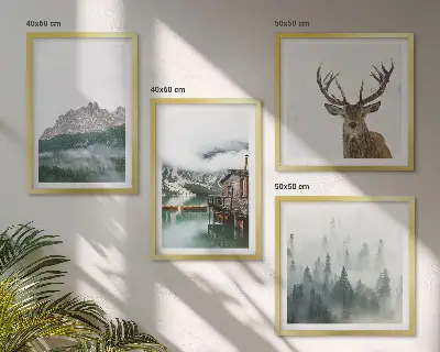 Dekoratívna sada obrazov s motívom hôr, jazera, jeleňa, chaty a hmly