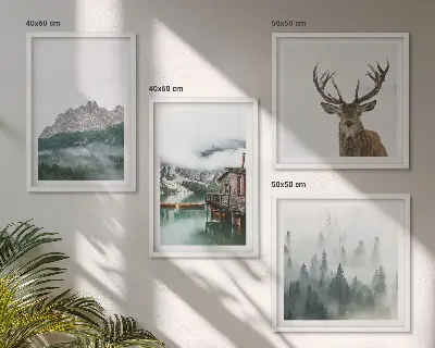 Dekoratívna sada obrazov s motívom hôr, jazera, jeleňa, chaty a hmly