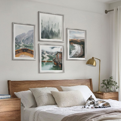Dekoratívna sada obrazov Hory, jazero, loď, hmla, pláž