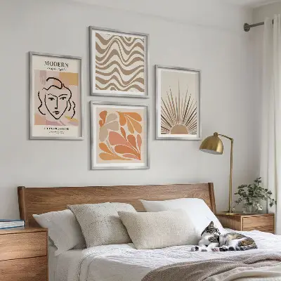 Zarámovaný set obrazov Slnko boho pastelové tvary zarámovaný set obrazov s motívom slnka a pastelových tvarov v boho štýle