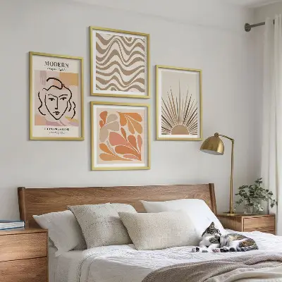 Zarámovaný set obrazov Slnko boho pastelové tvary zarámovaný set obrazov s motívom slnka a pastelových tvarov v boho štýle