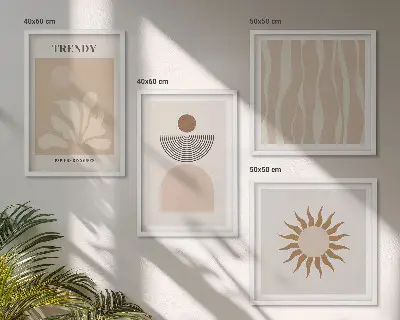 Zarámovaný set obrazov v štýlových abstraktných béžových odtieňoch