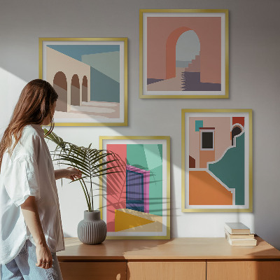 Zarámovaný set obrazov Farebné ilustrácie mesta