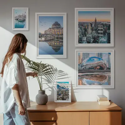 Sada obrazov nad pohovku mestská krajina s architektúrou a prírodou