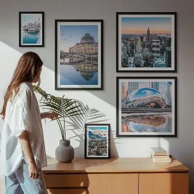 Sada obrazov nad pohovku mestská krajina s architektúrou a prírodou