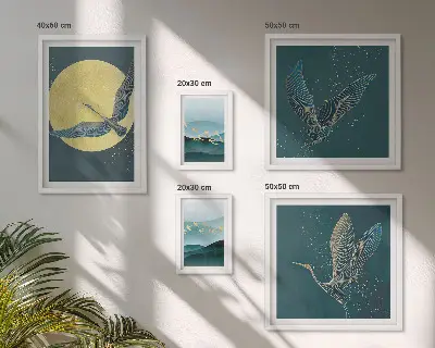 Sada obrazov nad pohovku s motívom krajiny, vtákov a nočnej oblohy