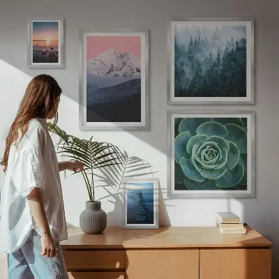 Sada obrazov nad pohovku s motívom boho krajiny, hôr a mora
