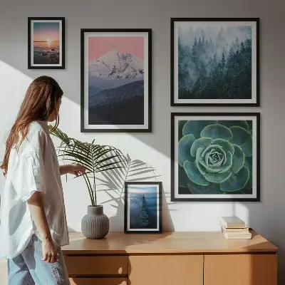 Sada obrazov nad pohovku s motívom boho krajiny, hôr a mora