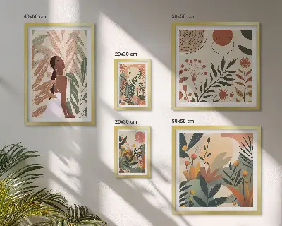 Sada obrazov nad pohovku v boho štýle s motívom rastlín