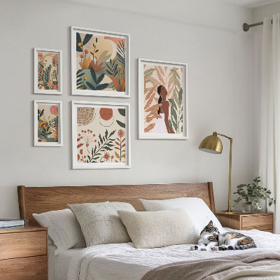 Sada obrazov nad pohovku Boho štýl s rastlinnou postavou