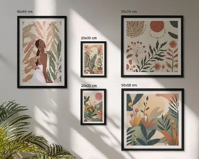 Sada obrazov nad pohovku v boho štýle s motívom rastlín