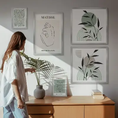 Sada obrazov nad pohovku so štýlovou grafikou rastlín