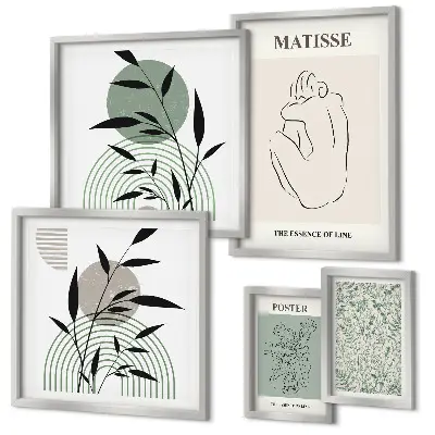 Sada obrazov nad pohovku so štýlovou grafikou rastlín