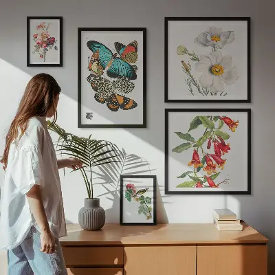 Galéria obrazov na stenu s motívom kvetov, motýľov a vtákov vo vintage štýle