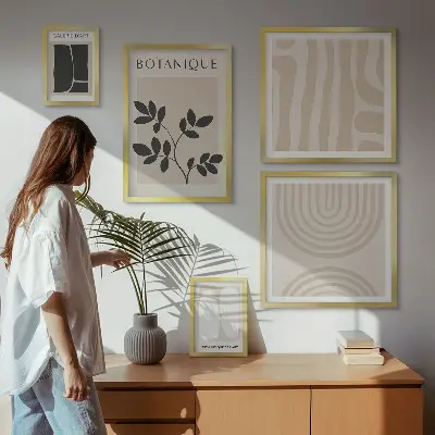 Sada obrazov nad pohovku so štýlovou grafikou rastlín