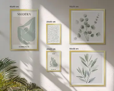 Sada obrazov nad pohovku štýlová grafika s rastlinnými a abstraktnými motívmi