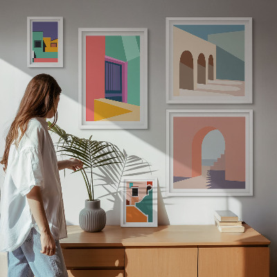 Sada obrazov nad pohovku Farebné ilustrácie mesta