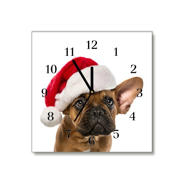 sklenené hodiny štvorec Buldog vianočný pes