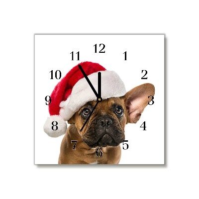 sklenené hodiny štvorec Buldog vianočný pes