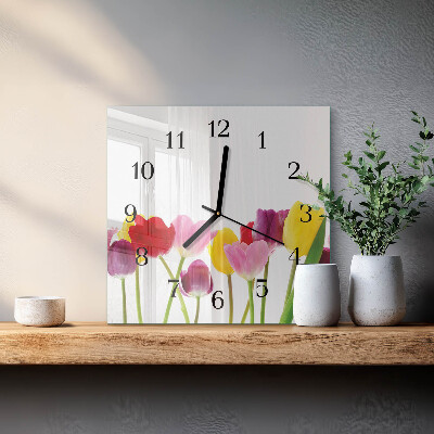 Hodiny s fotkou sklenené štvorcové Farebné tulipány