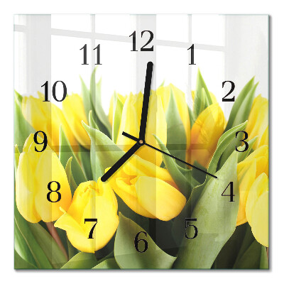 Štvorcové sklenené nástenné hodiny motív tulipány