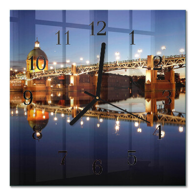 Sklenené štvorcové hodiny s vlastnou fotkou motív most cez rieku