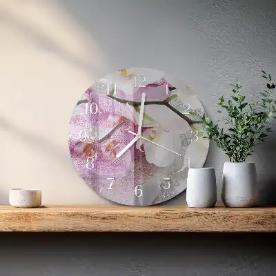 Okrúhle sklenené hodiny na stenu Orchidea