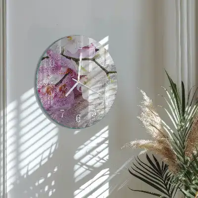 Okrúhle sklenené hodiny na stenu Orchidea