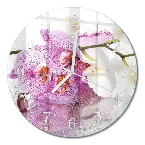 Okrúhle sklenené hodiny na stenu Orchidea