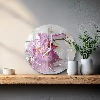 Okrúhle sklenené hodiny na stenu Orchidea