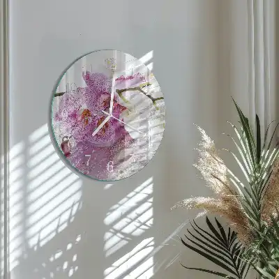 Okrúhle sklenené hodiny na stenu Orchidea