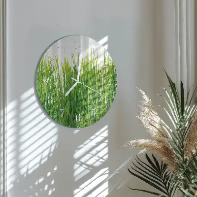 Hodiny na skle okrúhle Tráva