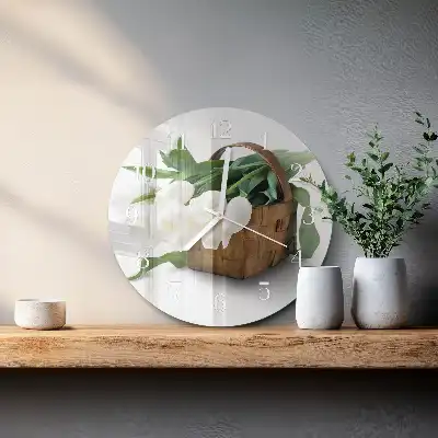 Hodiny s fotkou sklenené okrúhle Košík tulipánov