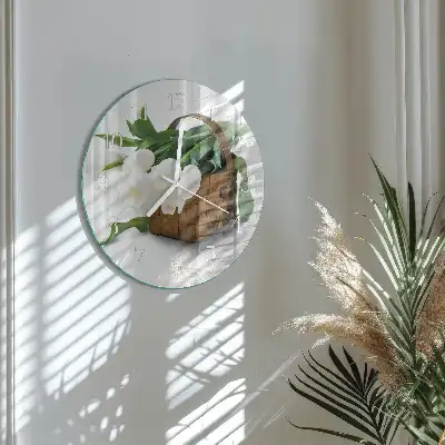 Hodiny s fotkou sklenené okrúhle Košík tulipánov
