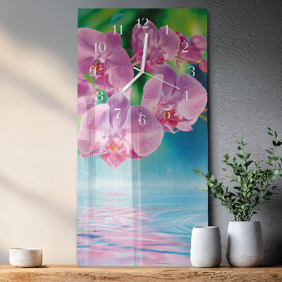 Vertikálne sklenené hodiny na stenu Orchidey