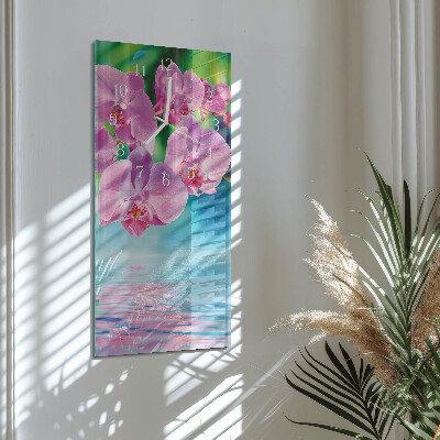 Vertikálne sklenené hodiny na stenu Orchidey