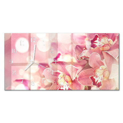 Horizontálne sklenené hodiny na stenu Orchidey