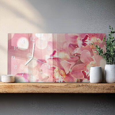 Horizontálne sklenené hodiny na stenu Orchidey