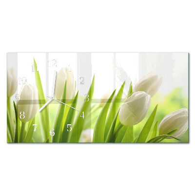 Hodiny s fotkou sklenené horizontálne Biele tulipány