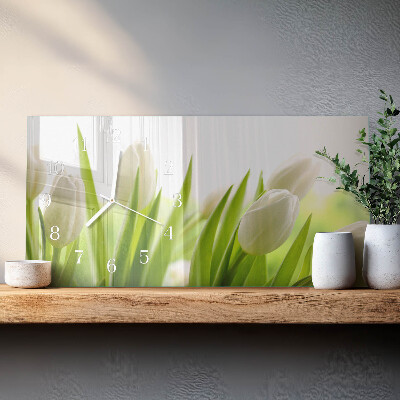 Hodiny s fotkou sklenené horizontálne Biele tulipány