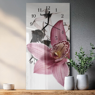Vertikálne sklenené hodiny na stenu Orchidea