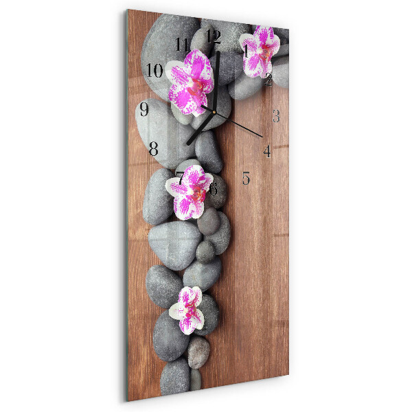 Vertikálne sklenené hodiny na stenu Orchideové kamene
