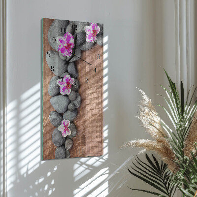 Vertikálne sklenené hodiny na stenu Orchideové kamene