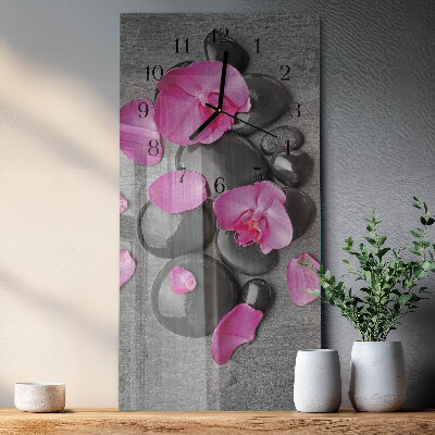 Vertikálne sklenené hodiny na stenu Orchideové kamene
