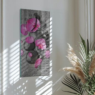 Vertikálne sklenené hodiny na stenu Orchideové kamene