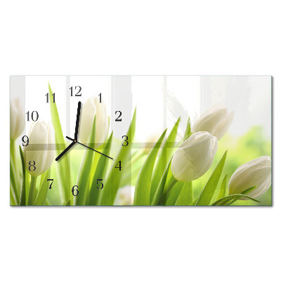 Horizontálne sklenené hodiny na stenu Biele tulipány